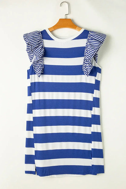 Sky Blue Stripe Contrast Ruffled Sleeve T-shirt Dress