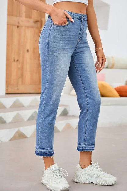 Sky Blue Whiskered Wash Raw Hem Cropped Jeans - Sweet Fashion Wholesale