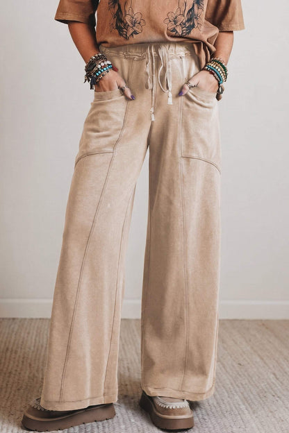 Smoke Gray Mineral Wash Drawstring Retro High Waist Wide Leg Western Pants