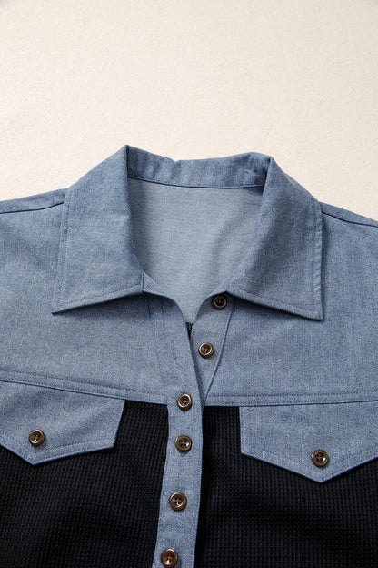 Black Waffle Knit Denim Color Block Patchwork Button Flap Polo Top
