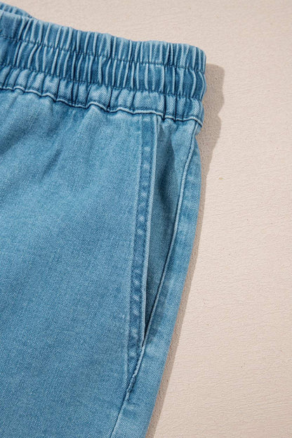 Beau Blue Contrast Drawstring Elastic Waistband Denim Shorts
