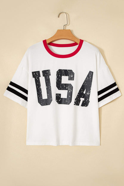 White USA Letter Printed Varsity Striped Sleeve Round Neck Tee