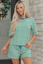 Green Stripe Drop Shoulder Boxy Casual Terry Short Set - Sweet Fashion Wholesale