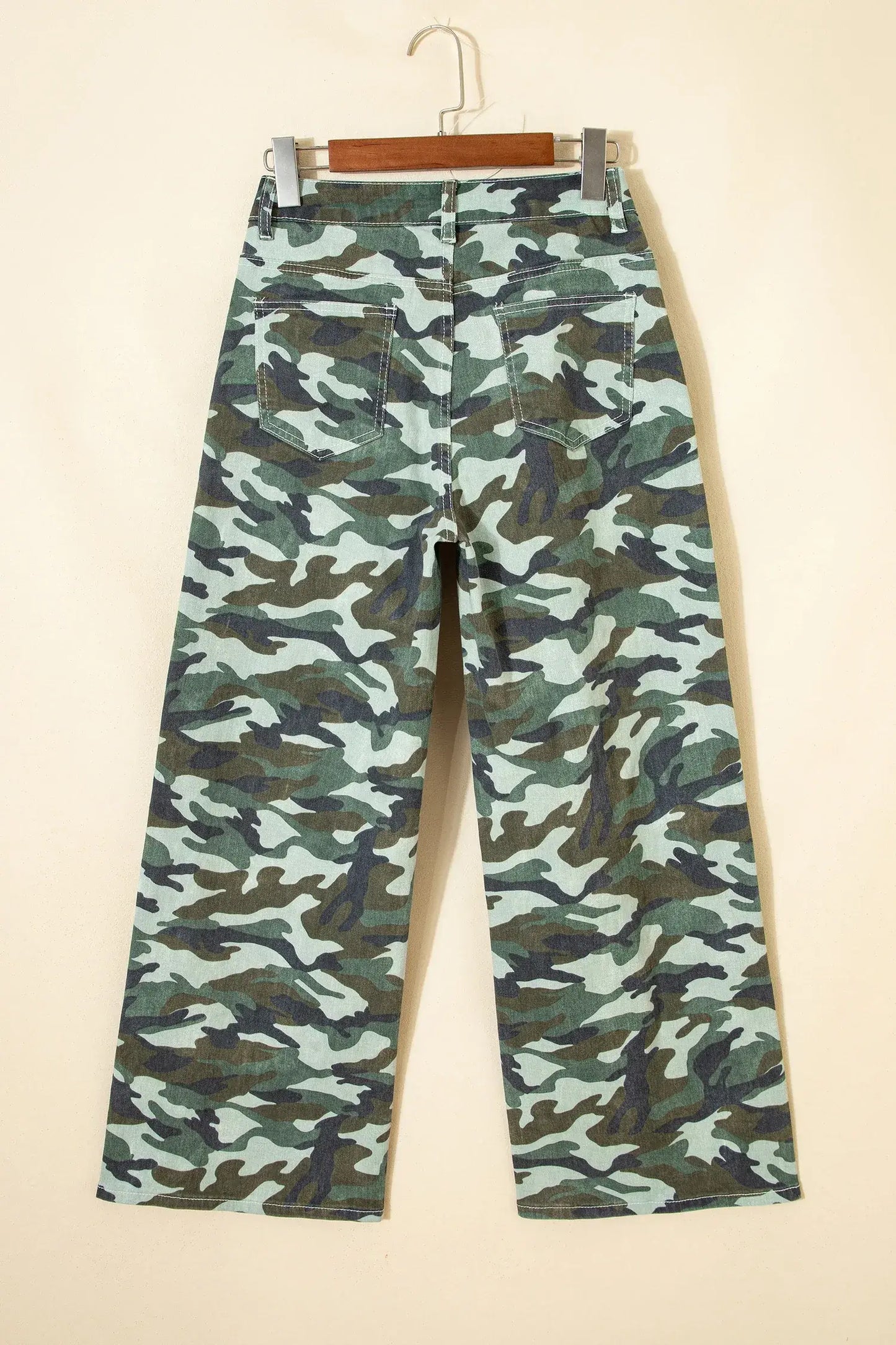 Green Camouflage Print Wide Leg Drawstring Denim Pants - Sweet Fashion Wholesale