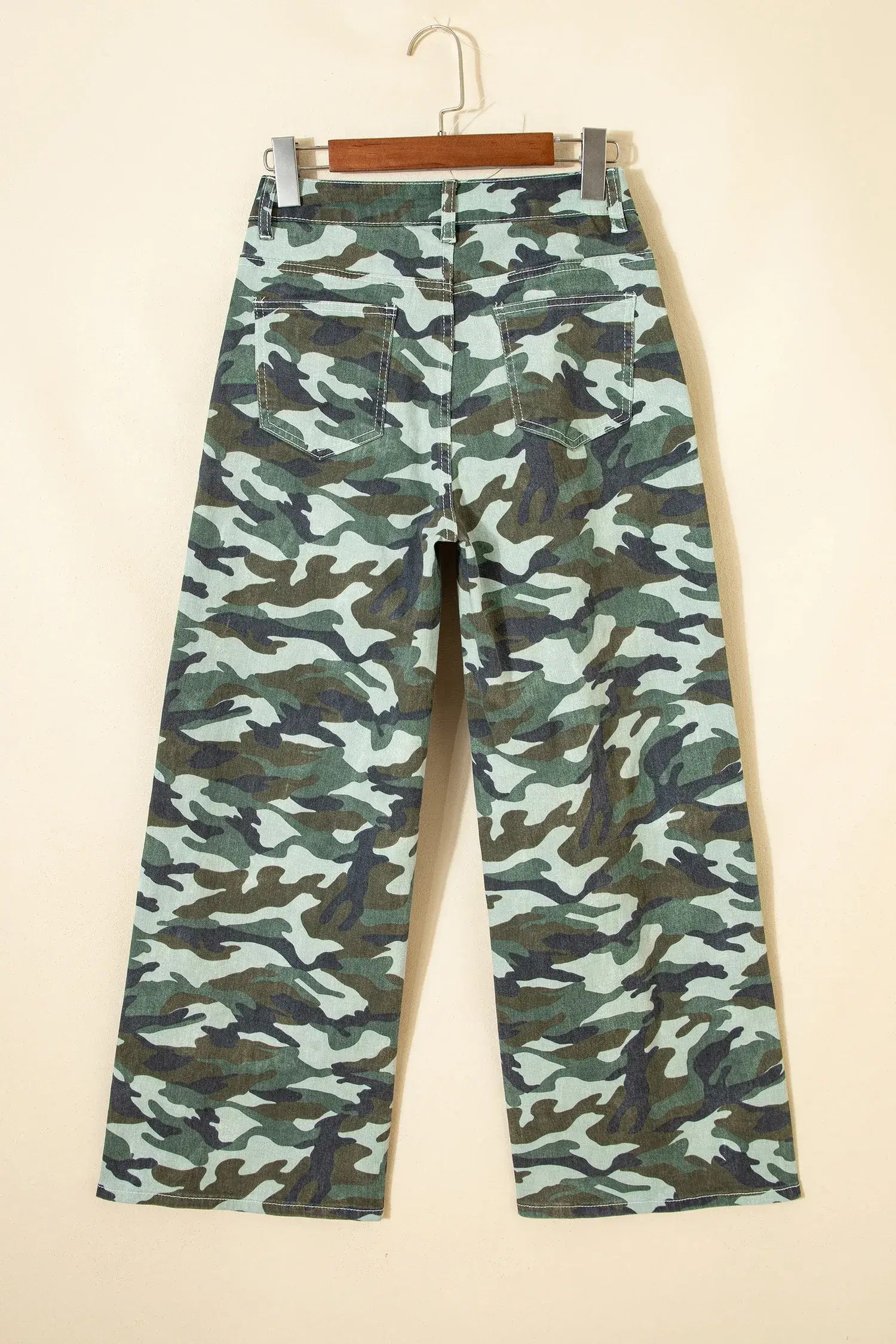 Green Camouflage Print Wide Leg Drawstring Denim Pants - Sweet Fashion Wholesale