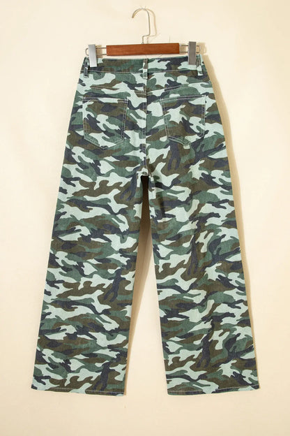 Green Camouflage Print Wide Leg Drawstring Denim Pants - Sweet Fashion Wholesale