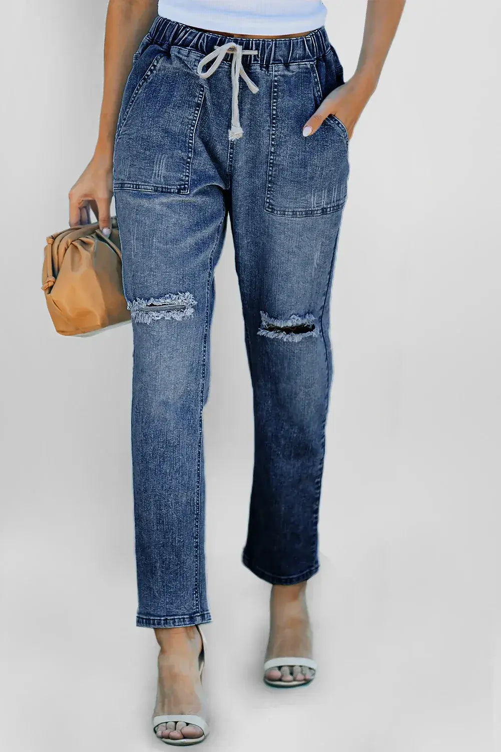 Dark Blue Gather Round Distressed Pocketed Denim Jogger - Sweet Fashion Wholesale