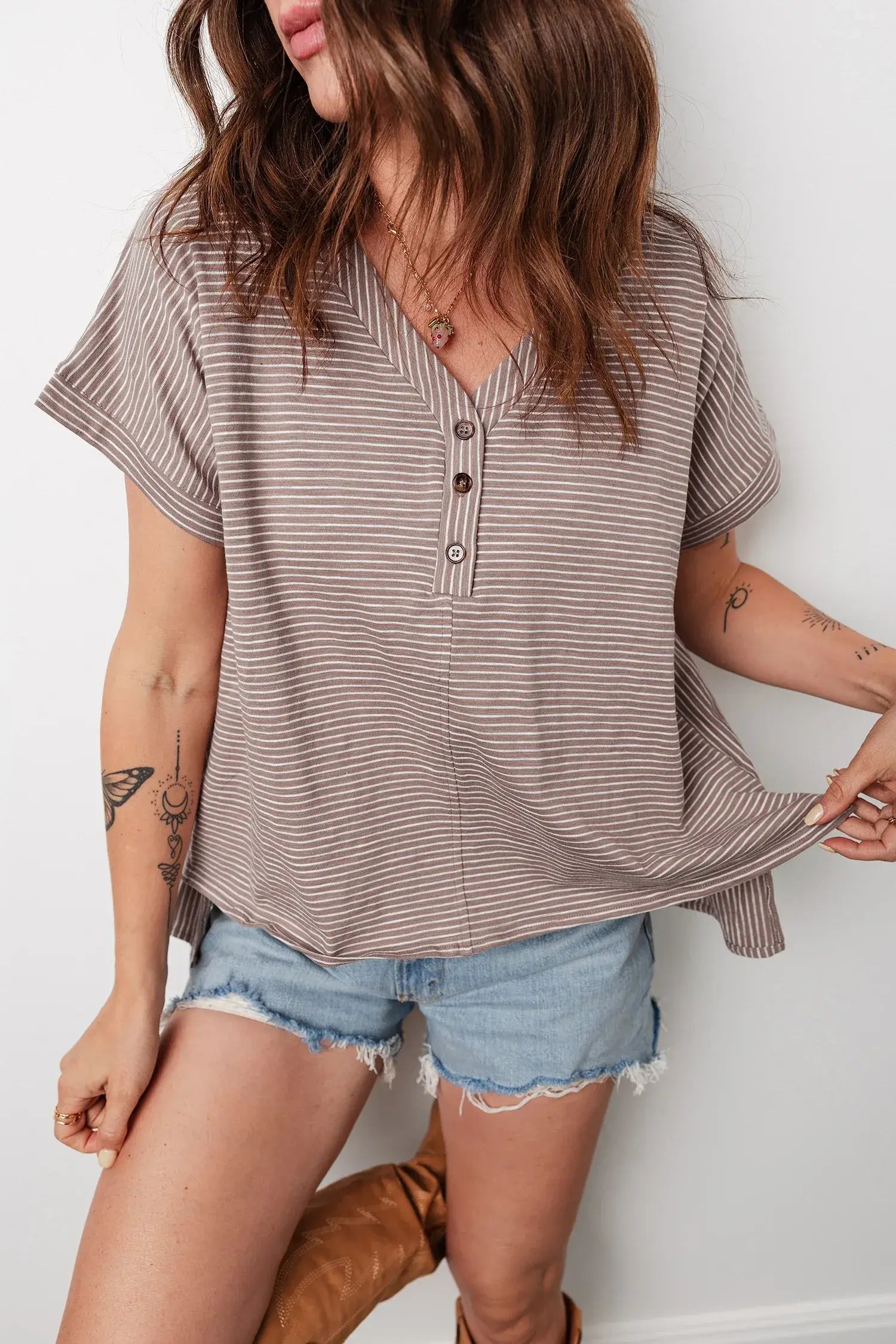 Khaki Stripe Buttoned V Neck High Low Side Slit T Shirt - Sweet Fashion Wholesale