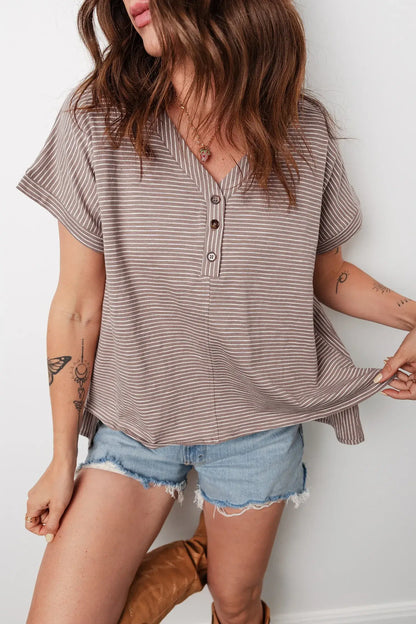 Khaki Stripe Buttoned V Neck High Low Side Slit T Shirt - Sweet Fashion Wholesale