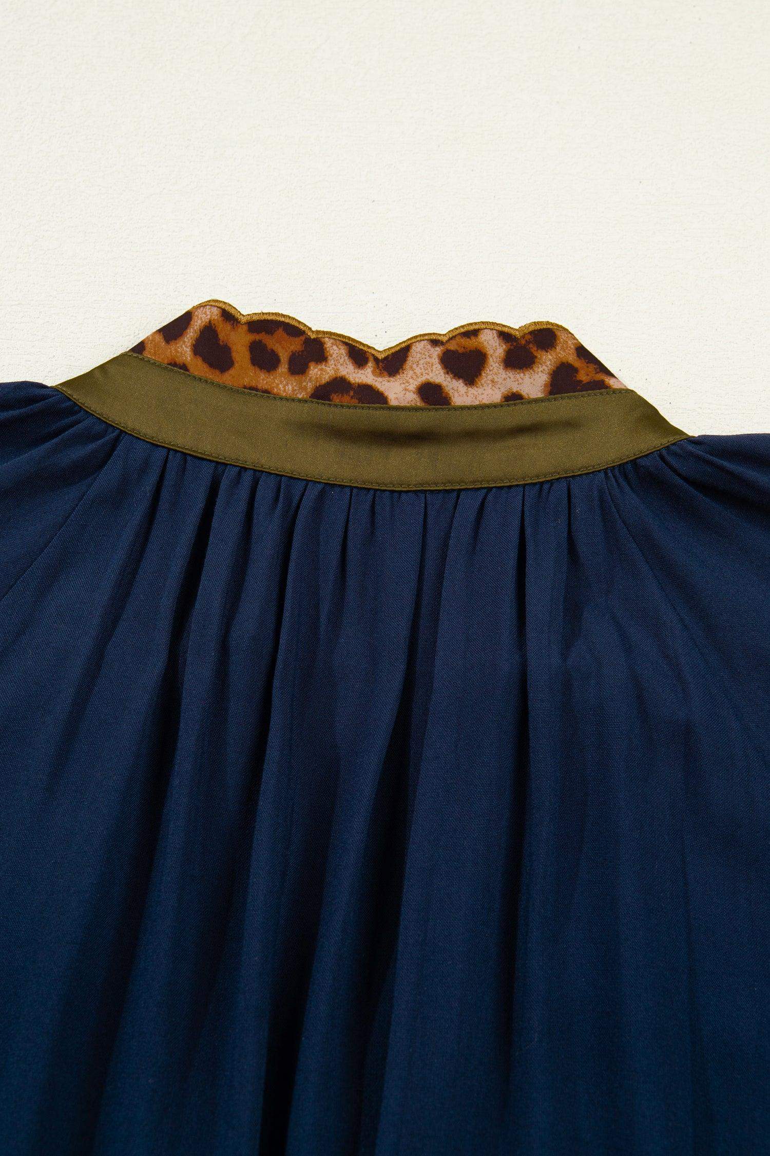 Navy Blue Button Detail Leopard Metallic Trim Short Sleeve Tunic Dress - Sweet Fashion Wholesale