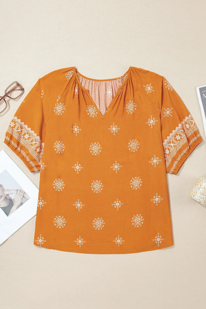 Green Boho Chic Notched V Neck Plus Floral Short Sleeve Top - Sweet Fashion Wholesale