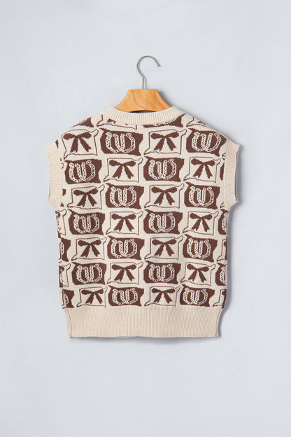 Brown Western Horseshoe Bow Pattern Button Front Sleeveless Knit Sweater