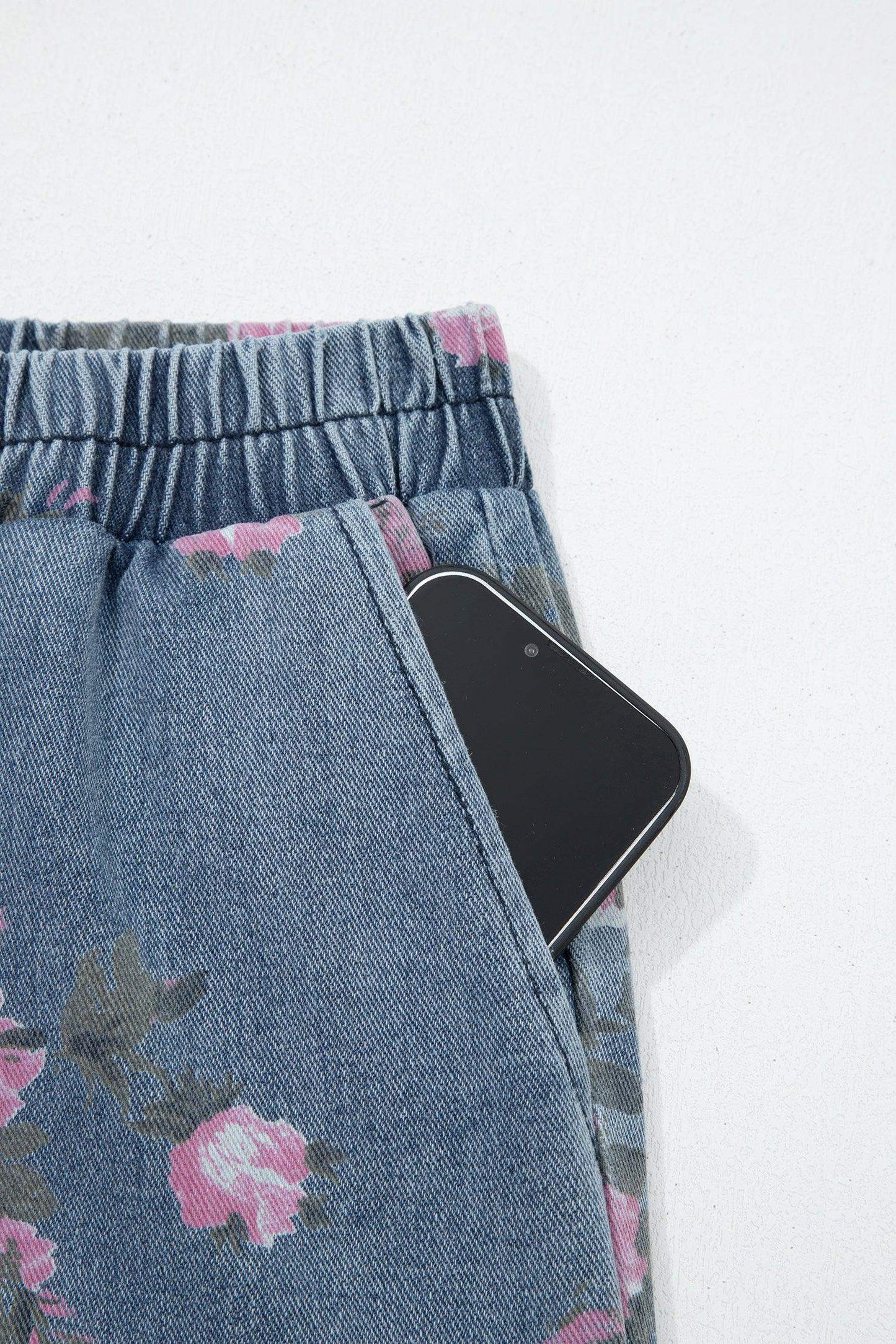 Beau Blue Floral Print Elastic Waist Pull On Casual Jeans - Sweet Fashion Wholesale