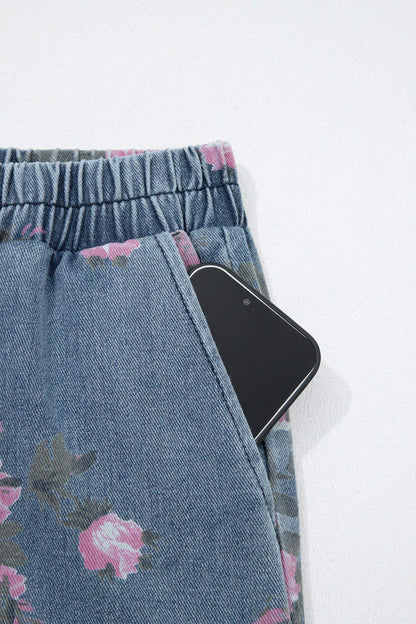 Beau Blue Floral Print Elastic Waist Pull On Casual Jeans - Sweet Fashion Wholesale