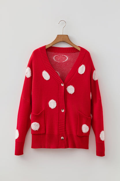 Beige Polka Dot Button Front Oversized V Neck Cardigan