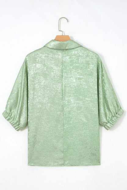 Clearly Aqua Collared V Neck Half Sleeve Metallic Top