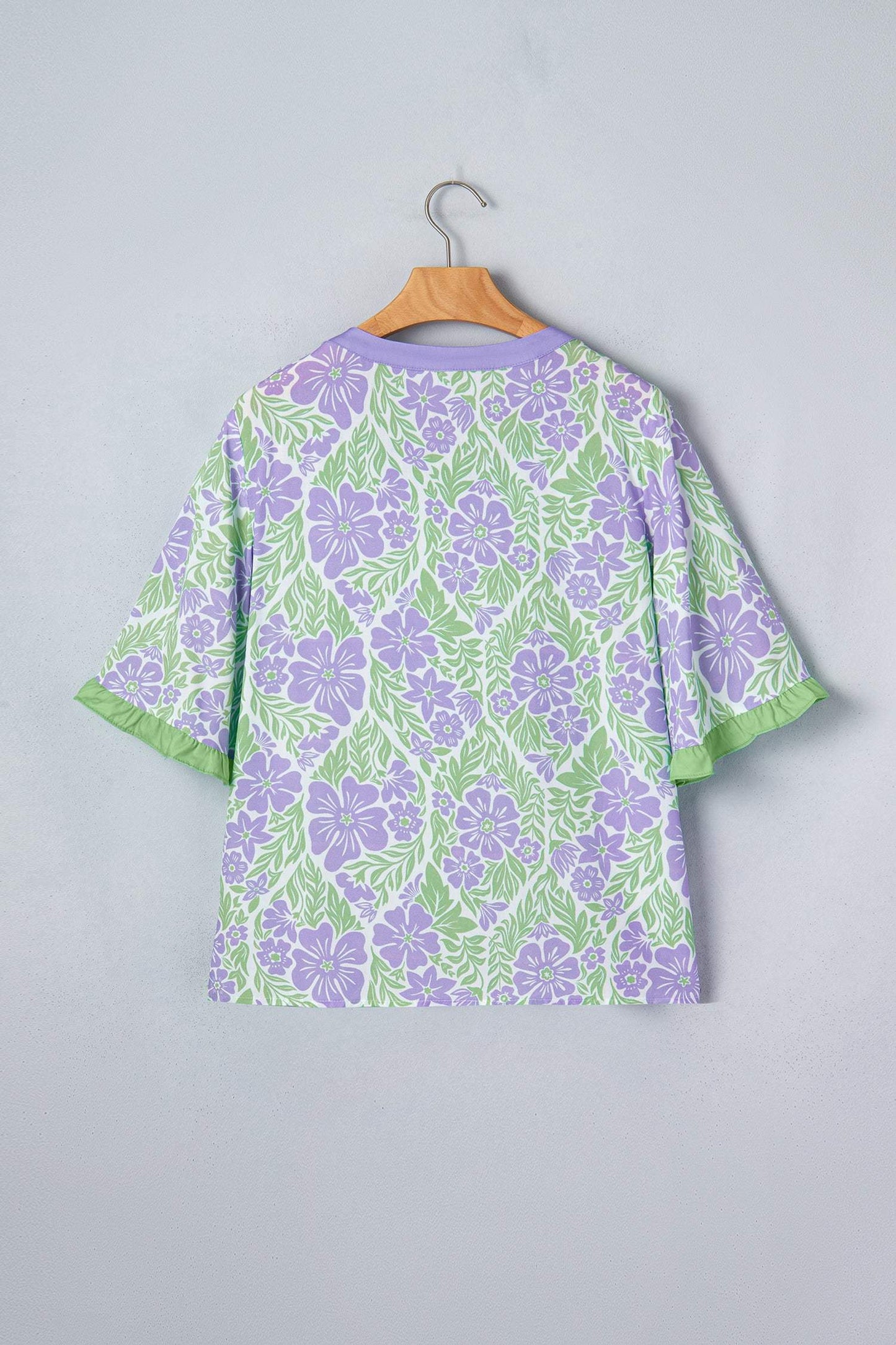 Sky Blue Floral Print Ruffled Color Block Trim Half Sleeve Blouse