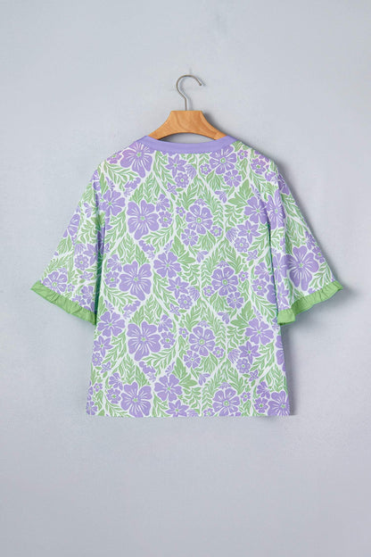 Sky Blue Floral Print Ruffled Color Block Trim Half Sleeve Blouse