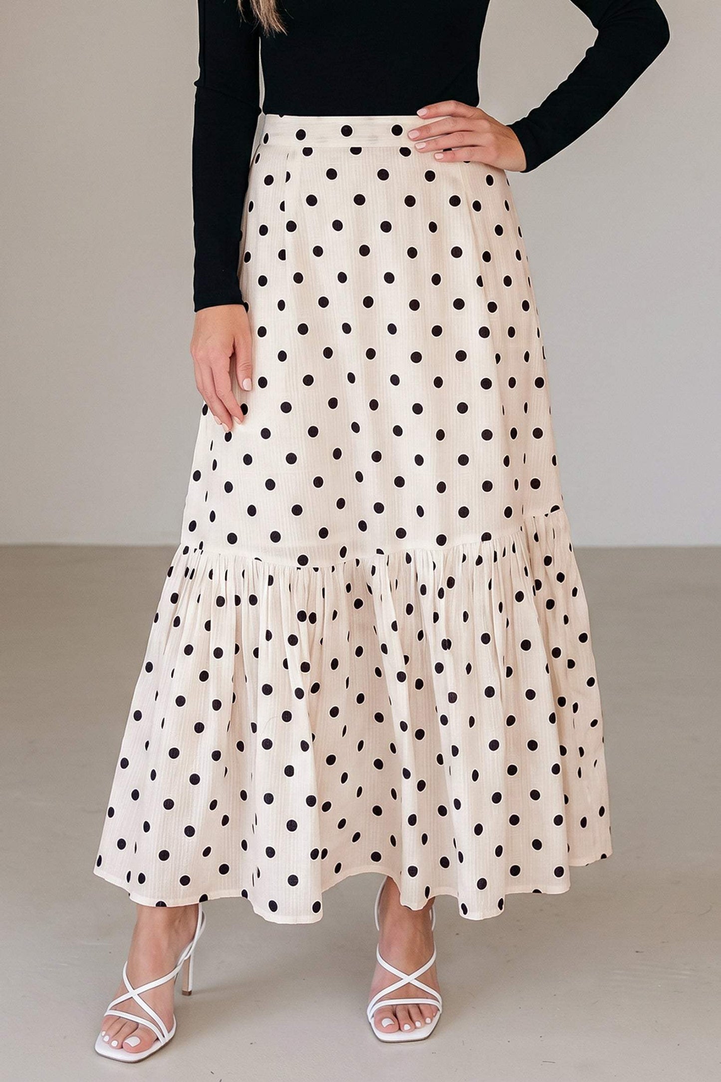 White Polka Dot Ruffled Slit Maxi Skirt