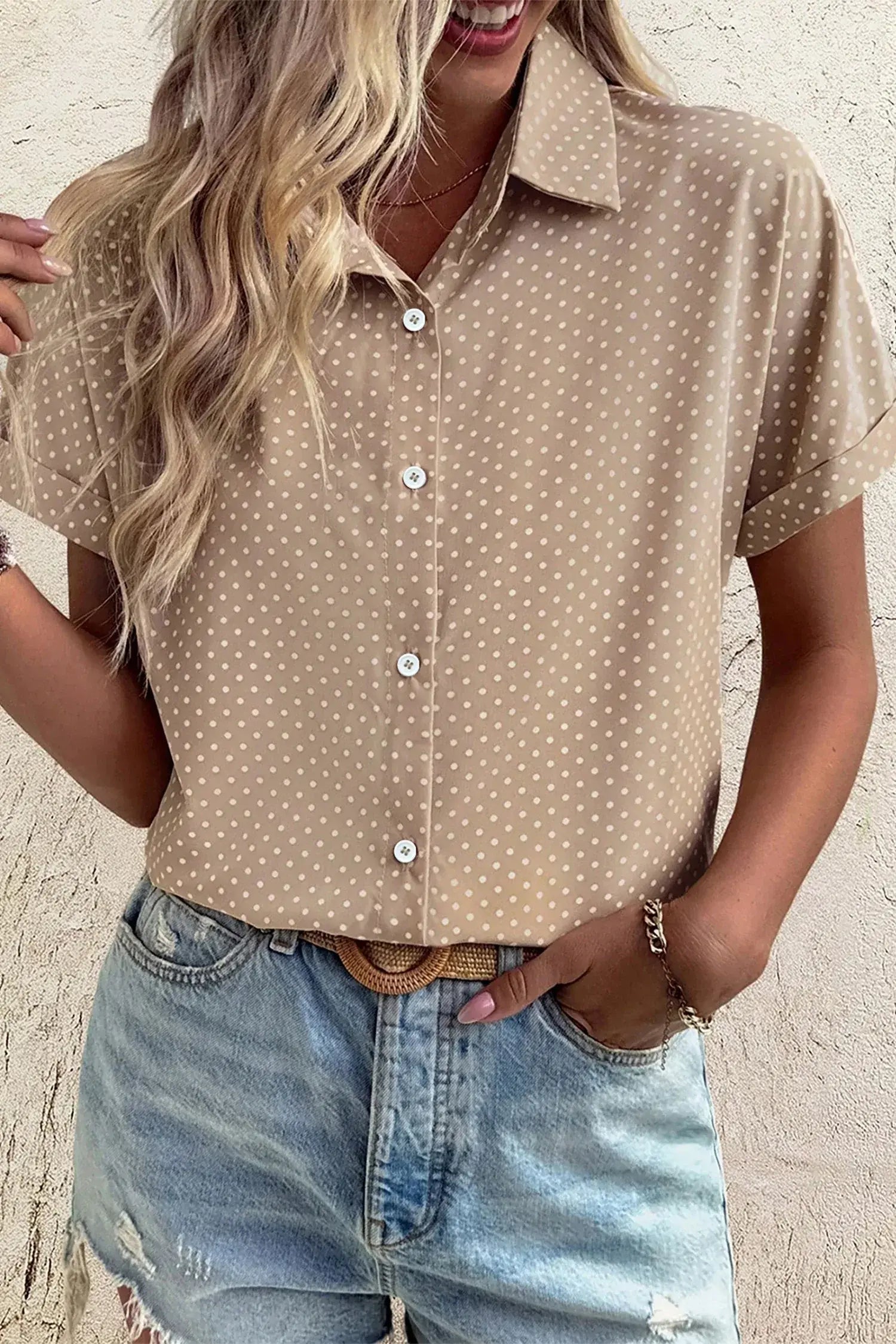 Khaki Dotted Print Cuffed Short Sleeve Shirt - Sweet Fashion Wholesale