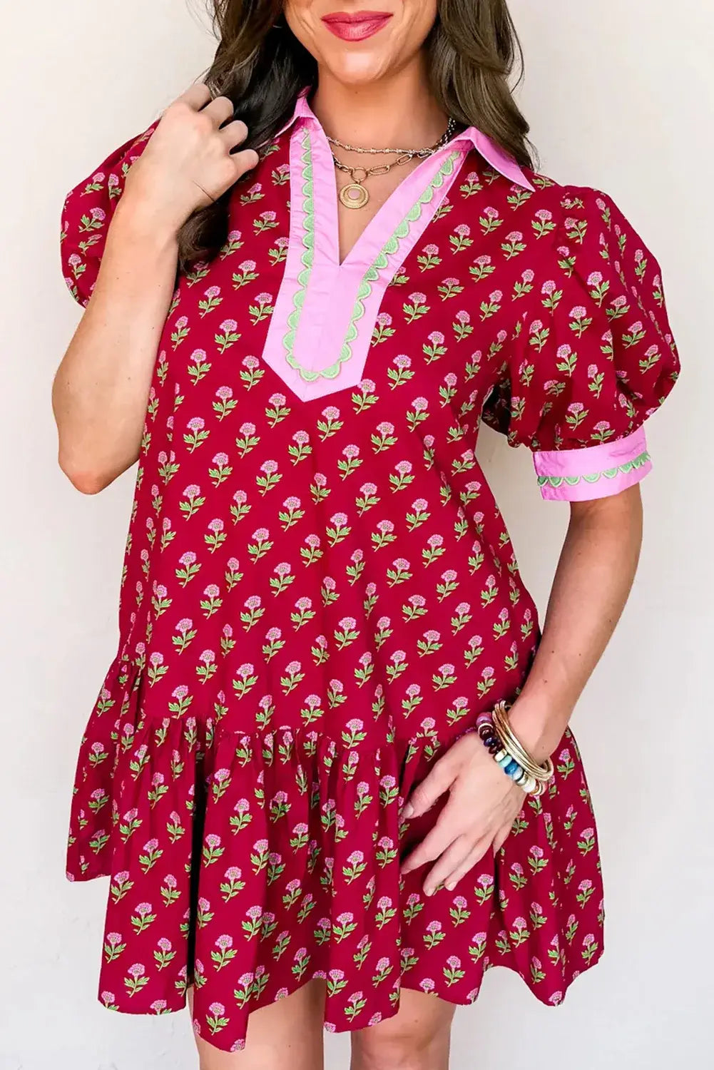 Red Floral Print Contrasted V Neck Short Bubble Sleeve Mini Dress - Sweet Fashion Wholesale