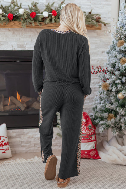 Carbon Grey Twisted Rib Texture Leopard Patchwork Detail 2pcs Pant Set