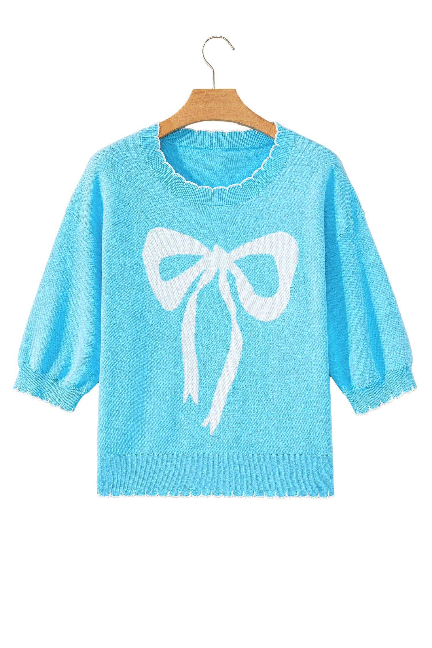 Light Blue Big Ribbon Bow Print Contrast Stitch Trim Drop Shoulder Sweater - Sweet Fashion Wholesale
