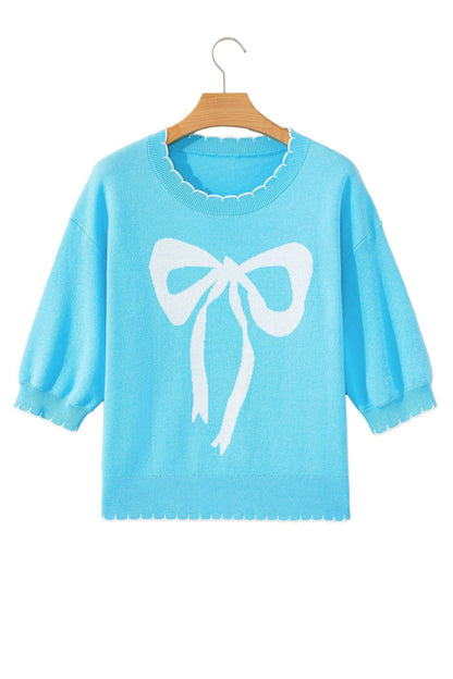 Light Blue Big Ribbon Bow Print Contrast Stitch Trim Drop Shoulder Sweater - Sweet Fashion Wholesale