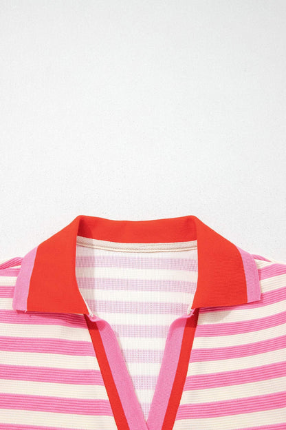 Rose Stripe Contrast Trim Polo Collar Ruffled Short Sleeve Blouse