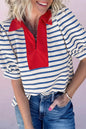 Pink Stripe Short Puff Sleeve Color Block Polo Collar Blouse