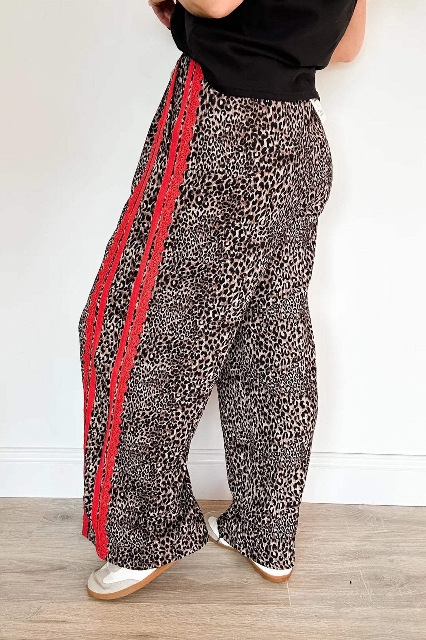 Brown Wild Leopard Print Contrast Lace Striped Detail Drawstring Pants