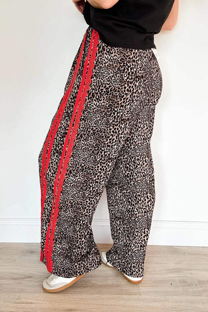 Brown Wild Leopard Print Contrast Lace Striped Detail Drawstring Pants