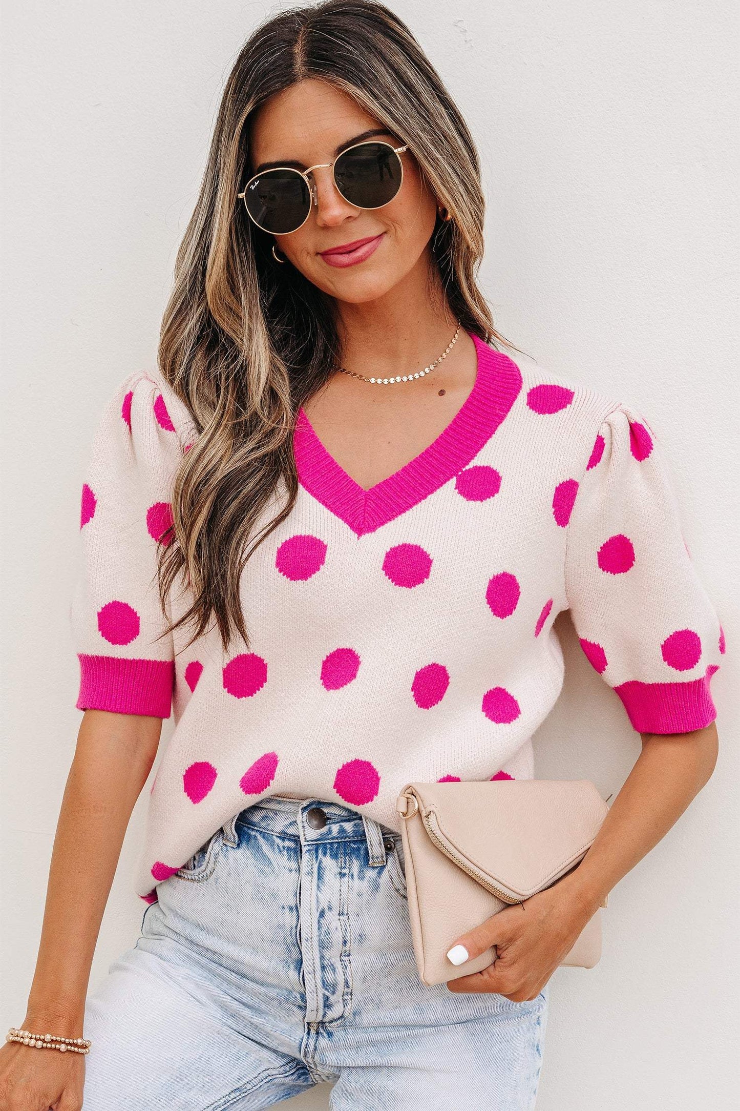 Pink Polka Dot Puff Short Sleeve Sweater Top