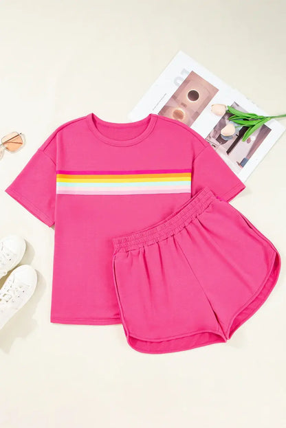 Rose Red Vibrant Striped Detail Athleisure 2pcs Short Set - Sweet Fashion Wholesale