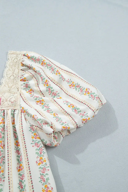 Multicolour Floral Print Contrast Ribbon Bow Lace Trim Square Neck Mini Dress