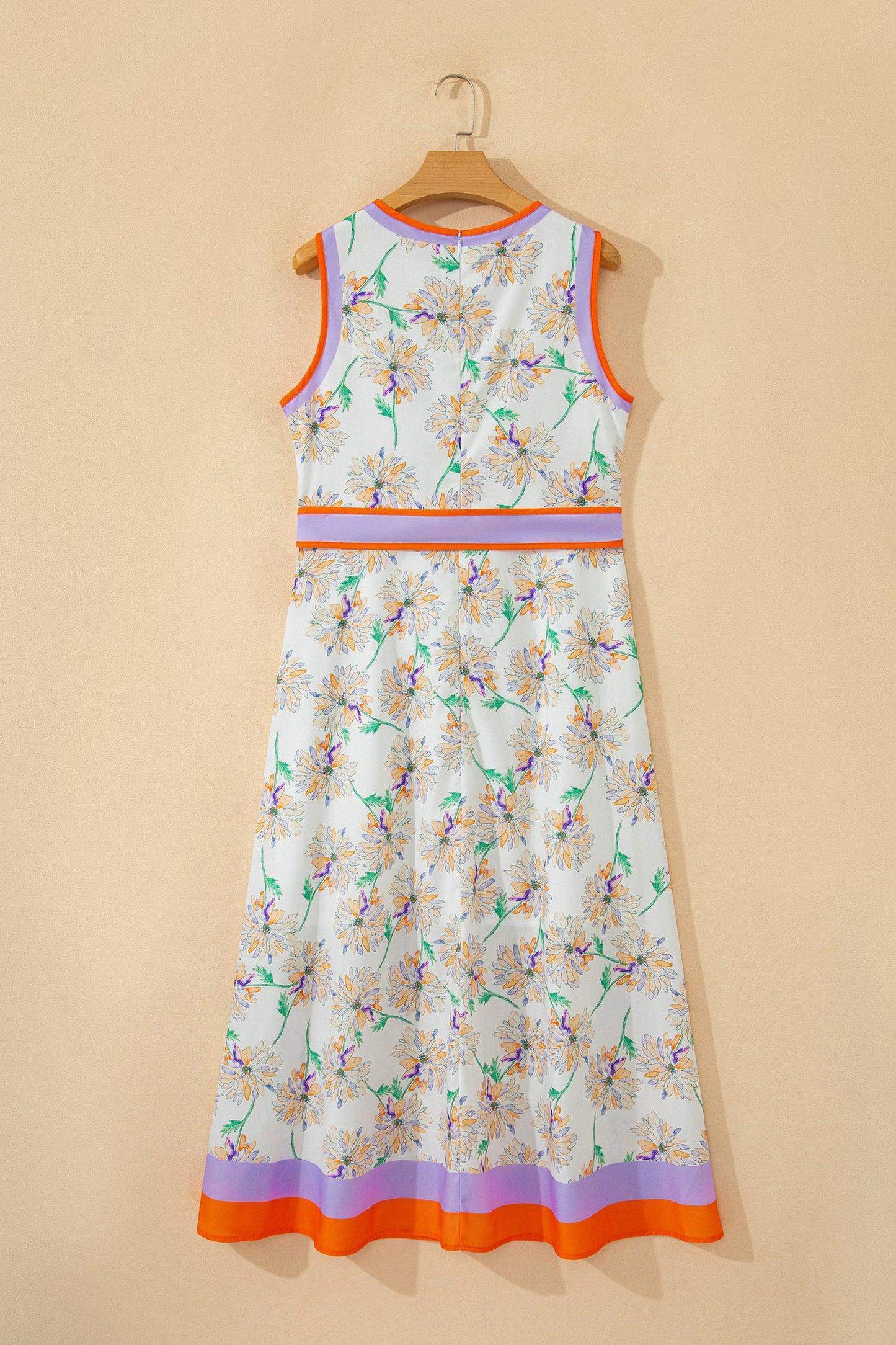 White Floral Print Color Block Trim Belted Sleeveless Maxi Dress