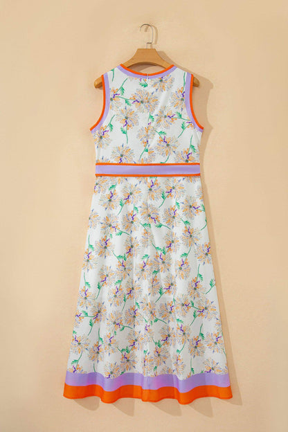 White Floral Print Color Block Trim Belted Sleeveless Maxi Dress