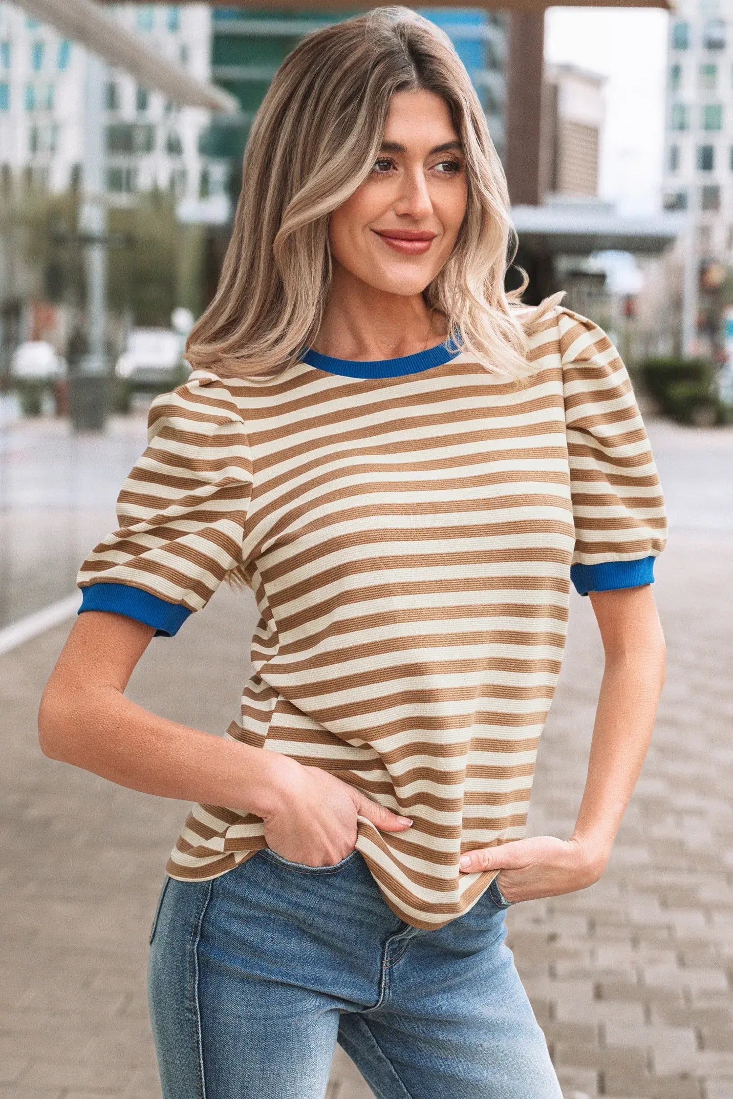 Rose Stripe Short Puff Sleeve Contrast Trim Round Neck Tee - Sweet Fashion Wholesale