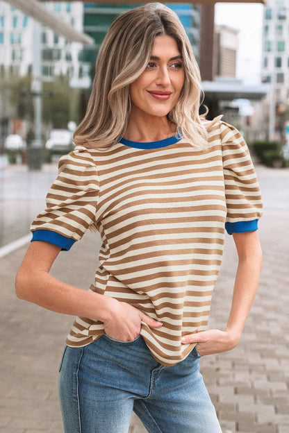 Rose Stripe Short Puff Sleeve Contrast Trim Round Neck Tee - Sweet Fashion Wholesale