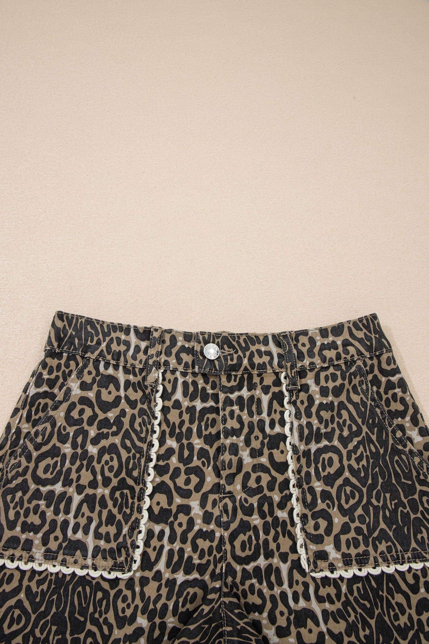 Khaki Contrast Scalloped Lace Trim Leopard Denim Shorts - Sweet Fashion Wholesale