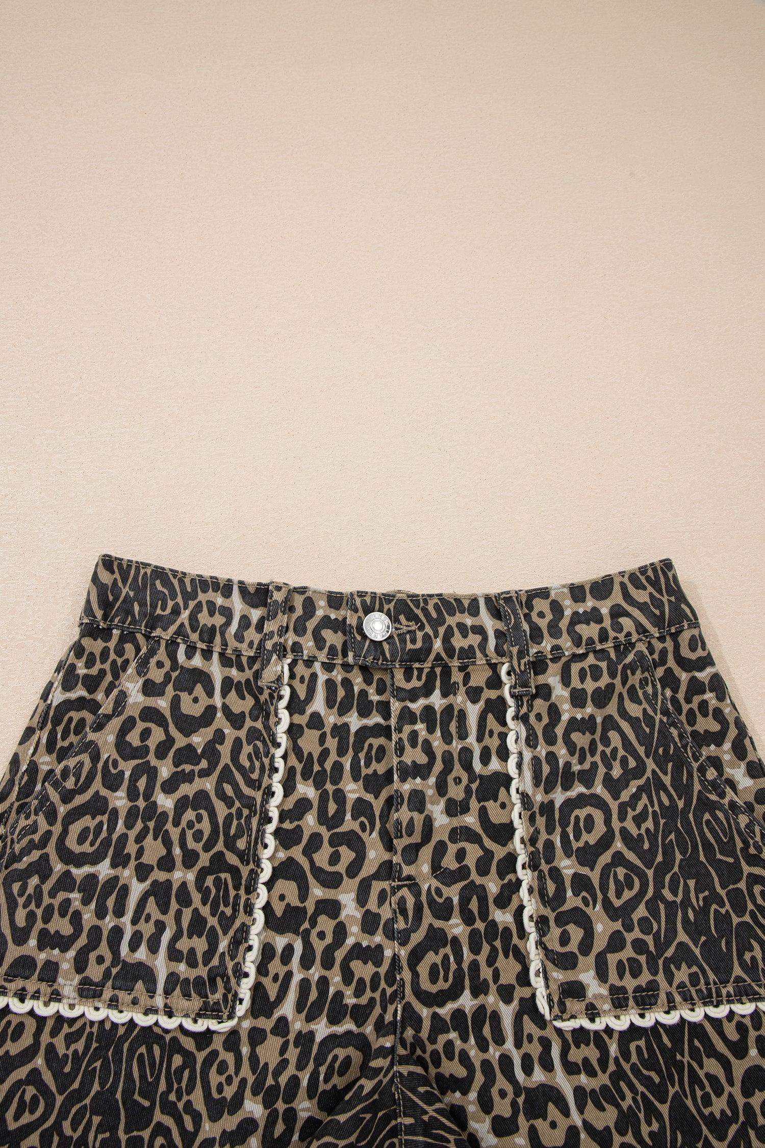Khaki Contrast Scalloped Lace Trim Leopard Denim Shorts - Sweet Fashion Wholesale