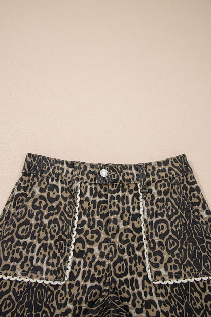 Khaki Contrast Scalloped Lace Trim Leopard Denim Shorts - Sweet Fashion Wholesale