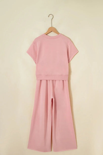 Clearly Aqua Solid Color Loose Tee Drawstring Wide Leg Pants 2pcs Outfit