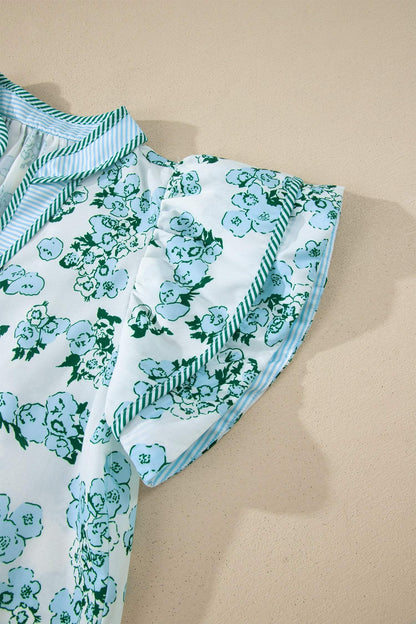 Green Floral Meets Stripes V Neck Flutter Sleeve Blouse