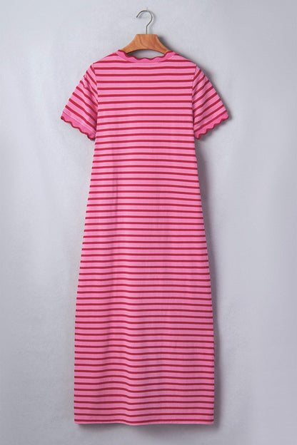 Rose Stripe Striped Short Sleeve Scalloped Trim Side Slit T-Shirt Dress
