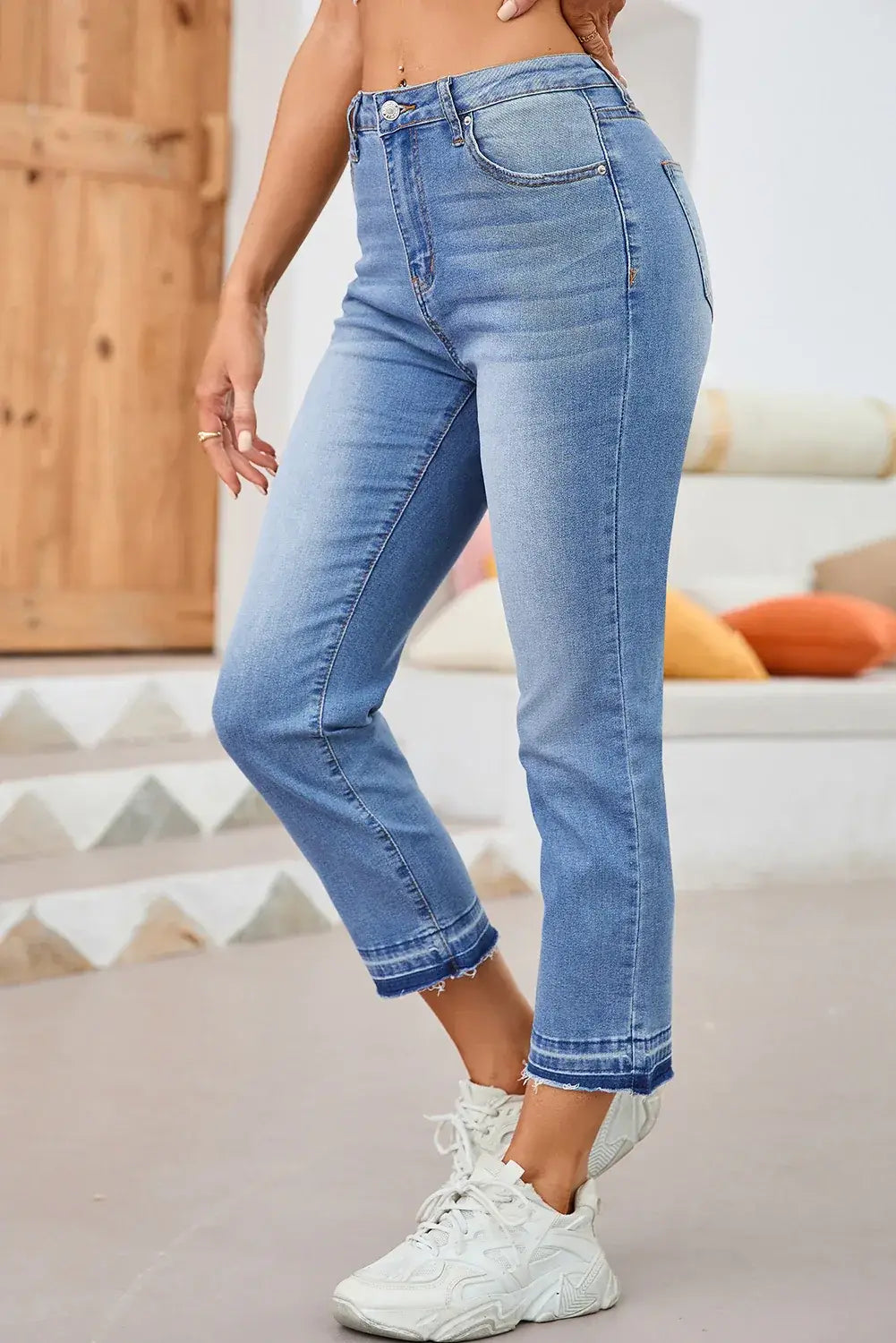 Sky Blue Whiskered Wash Raw Hem Cropped Jeans - Sweet Fashion Wholesale