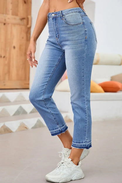Sky Blue Whiskered Wash Raw Hem Cropped Jeans - Sweet Fashion Wholesale