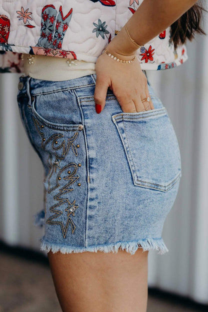 Dusk Blue Western Embroidery Stud Denim Shorts Summer Daily Wear