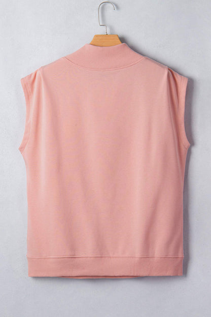 Sky Blue Solid Color High Neck Cap Sleeve Loose Top