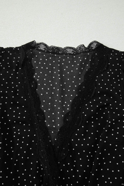 Black Polka Dot Print Lace Trim Wrap Mini Dress